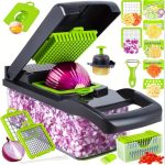16-in-1 Vegetable Chopper & Slicer with 8 Interchangeable Blades – Multifunctional Manual Dicer for Onions, Carrots, Potatoes & More – Kitchen Cutter with Container – Black & Green