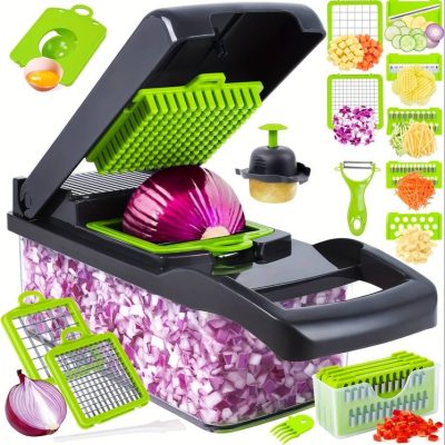 16-in-1 Vegetable Chopper & Slicer with 8 Interchangeable Blades – Multifunctional Manual Dicer for Onions, Carrots, Potatoes & More – Kitchen Cutter with Container – Black & Green